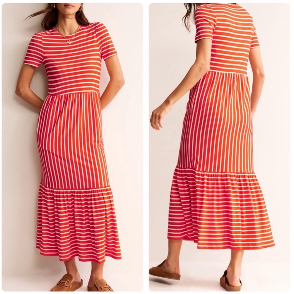 BODEN SHORT SLEEVE ORANGE STRIPED EMMA TIERED JERSEY MIDI DRESS SIZE 10P